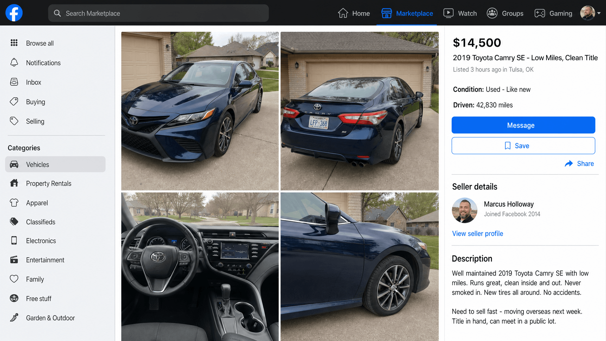 Conceptual mock of a Facebook Marketplace vehicle listing - a recently-claimed 2019 Toyota Camry resurfacing for sale in Tulsa, OK, listed three hours ago by a fictional private seller, with telltale fast-sale language in the description.