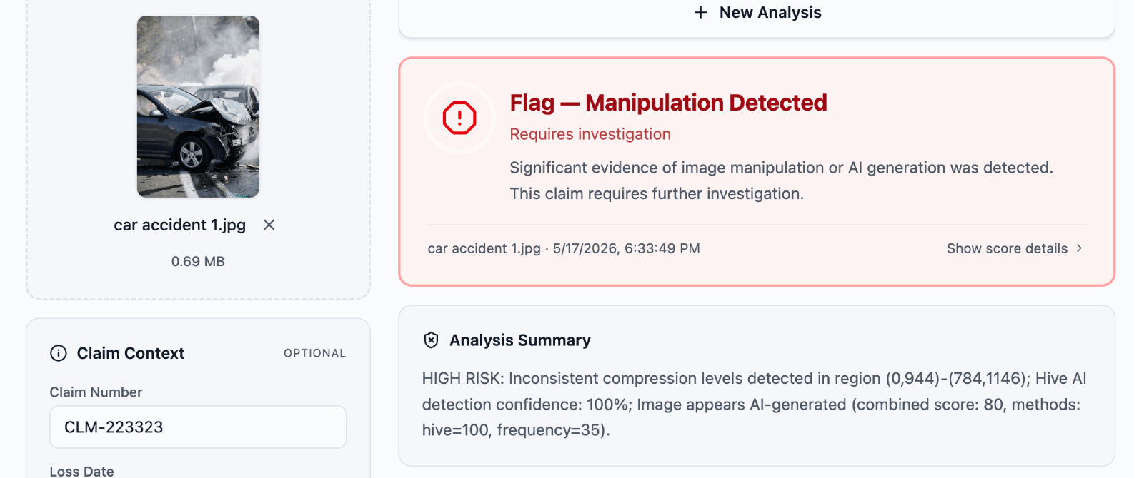Carpe Vision verdict screen flagging detected image manipulation on a claims photo, alongside the AI-generated analysis summary