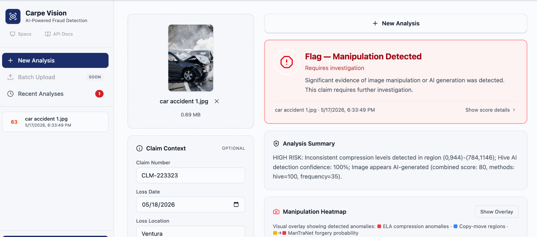 Carpe Vision deepfake detection result panel showing detected manipulation signals on a sample claims-evidence image