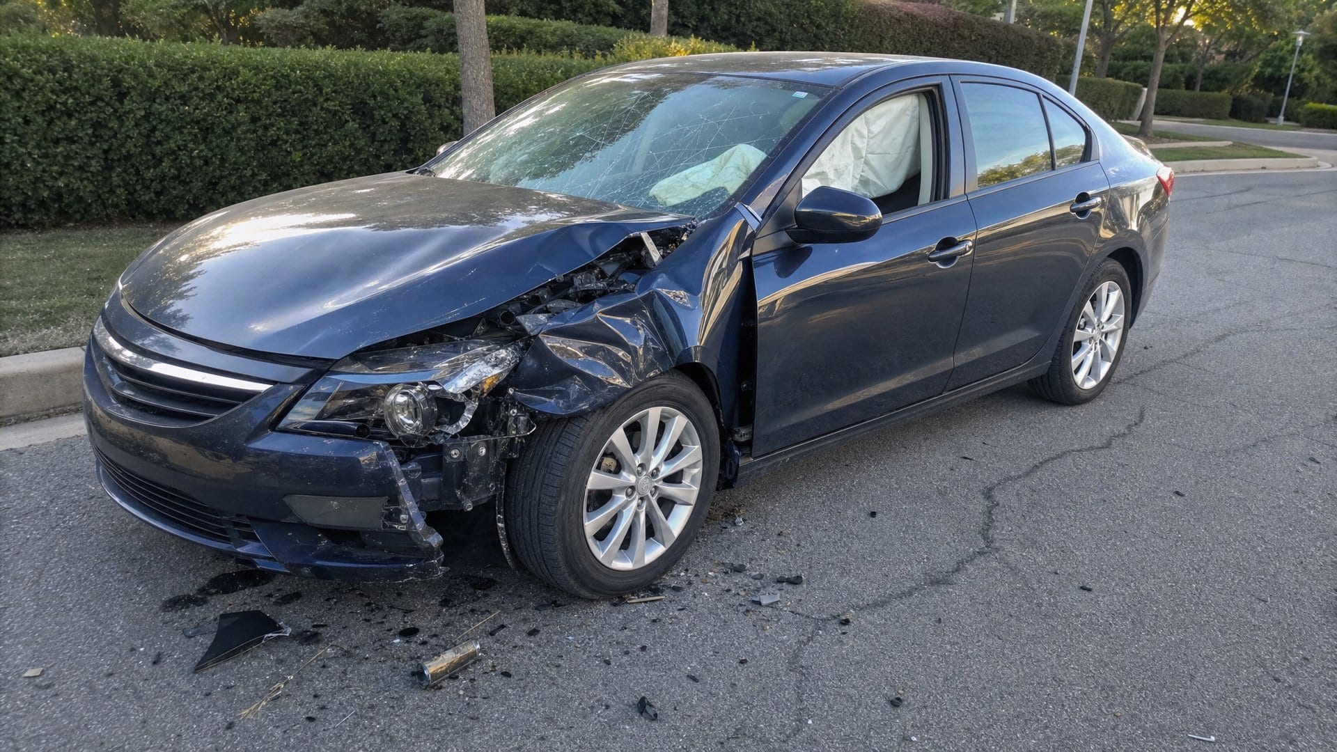 Photorealistic claims photo of a damaged sedan after a front-impact collision, used to illustrate Carpe Vision's forensic engines