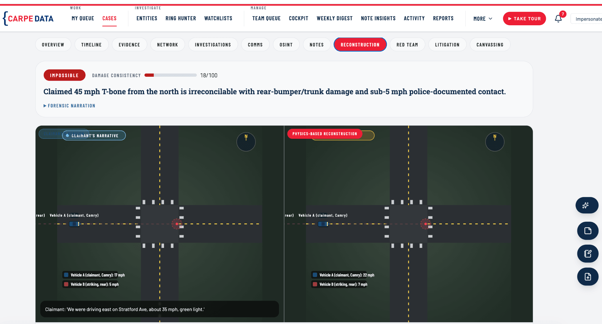 Reconstruction tab placing the claimant narrative side by side with a physics based accident reconstruction including matching intersection diagrams