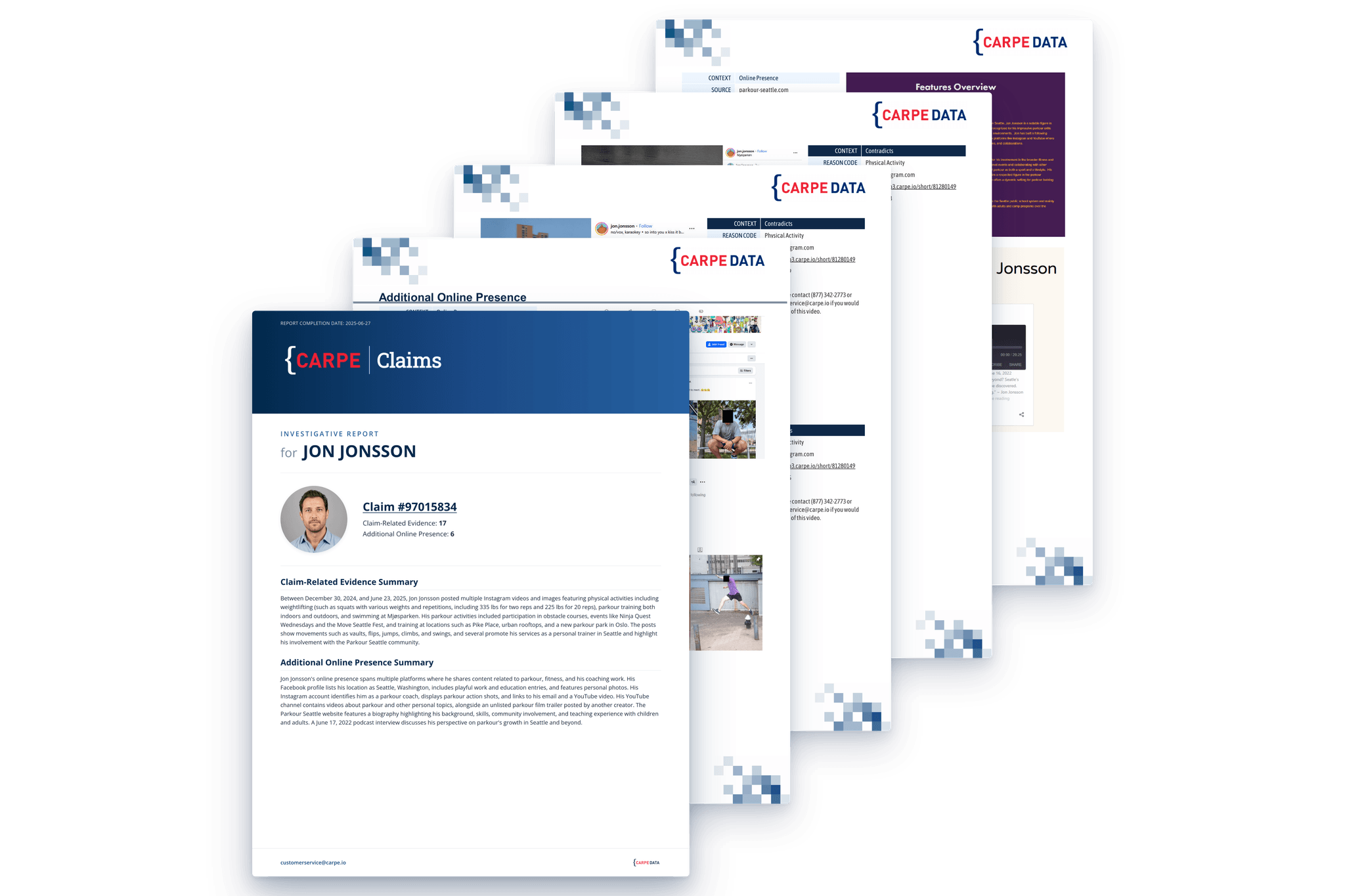 Stack of Carpe Investigative Reports - PDF report cover pages layered to show evidence depth, source-linked findings, and chain-of-custody formatting