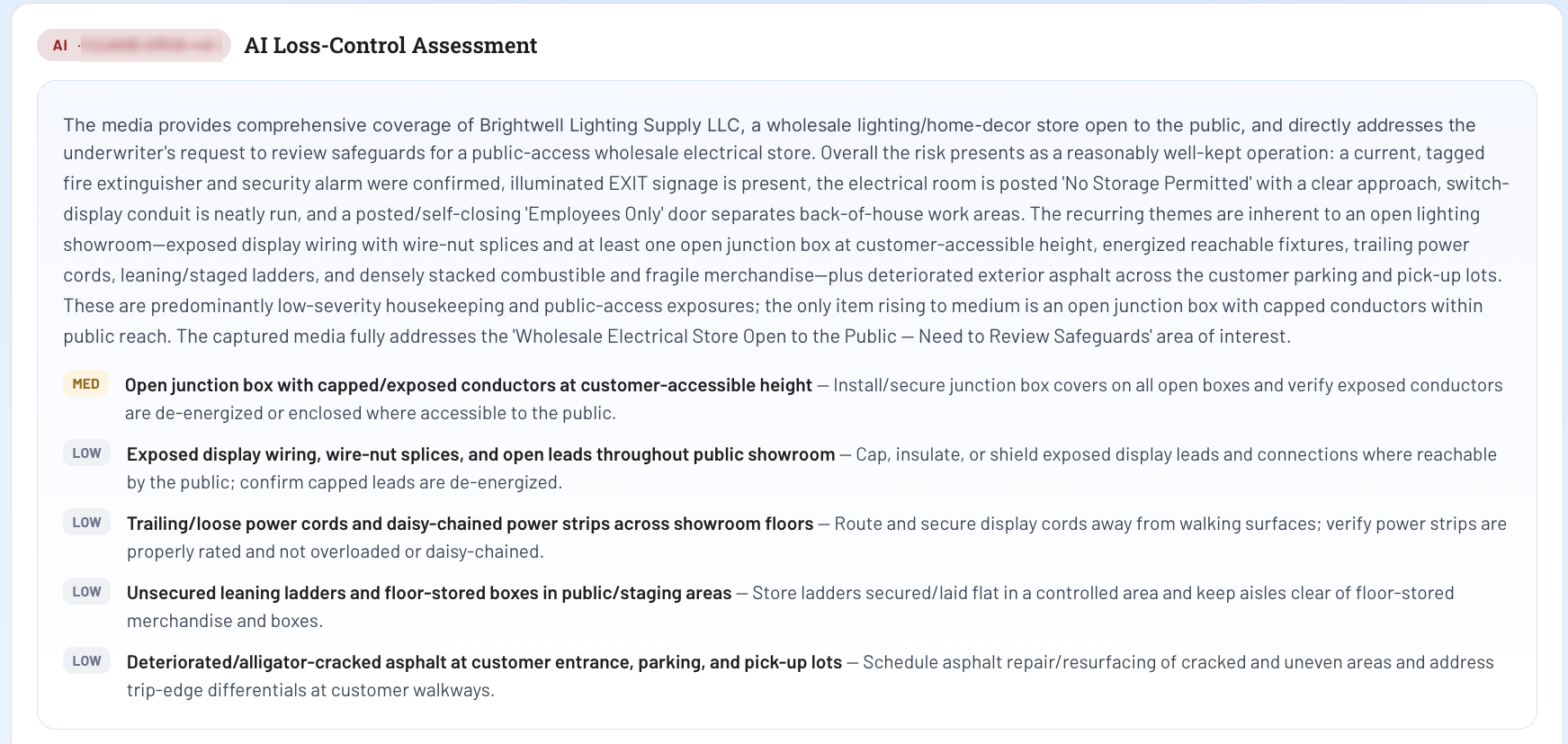 Carpe Risk Control AI Loss-Control Assessment summary, with a narrative overview of the surveyed business and a ranked list of issues carrying Medium and Low severity badges, each with a recommendation