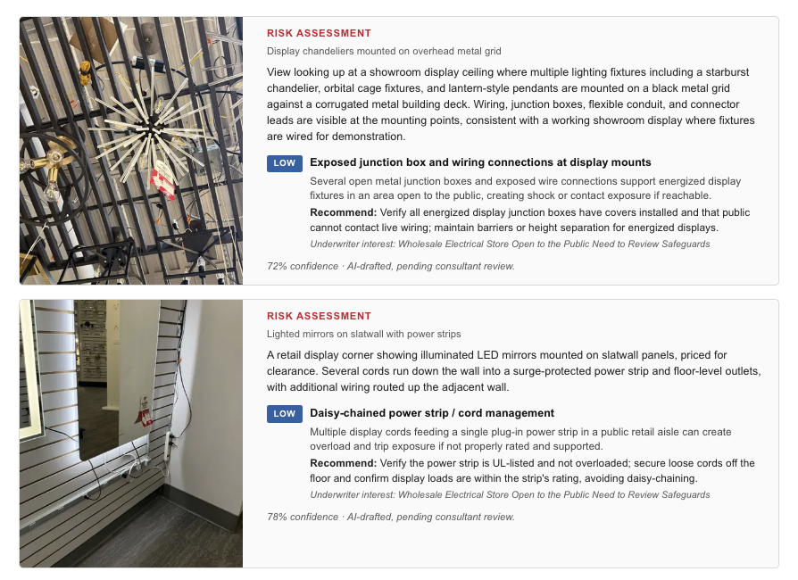 Two AI-drafted risk assessment cards, one on exposed junction box wiring at display mounts and one on daisy-chained power strips, each showing a Low severity badge, a recommendation, the underwriter area of interest, and a confidence score marked AI-drafted pending consultant review