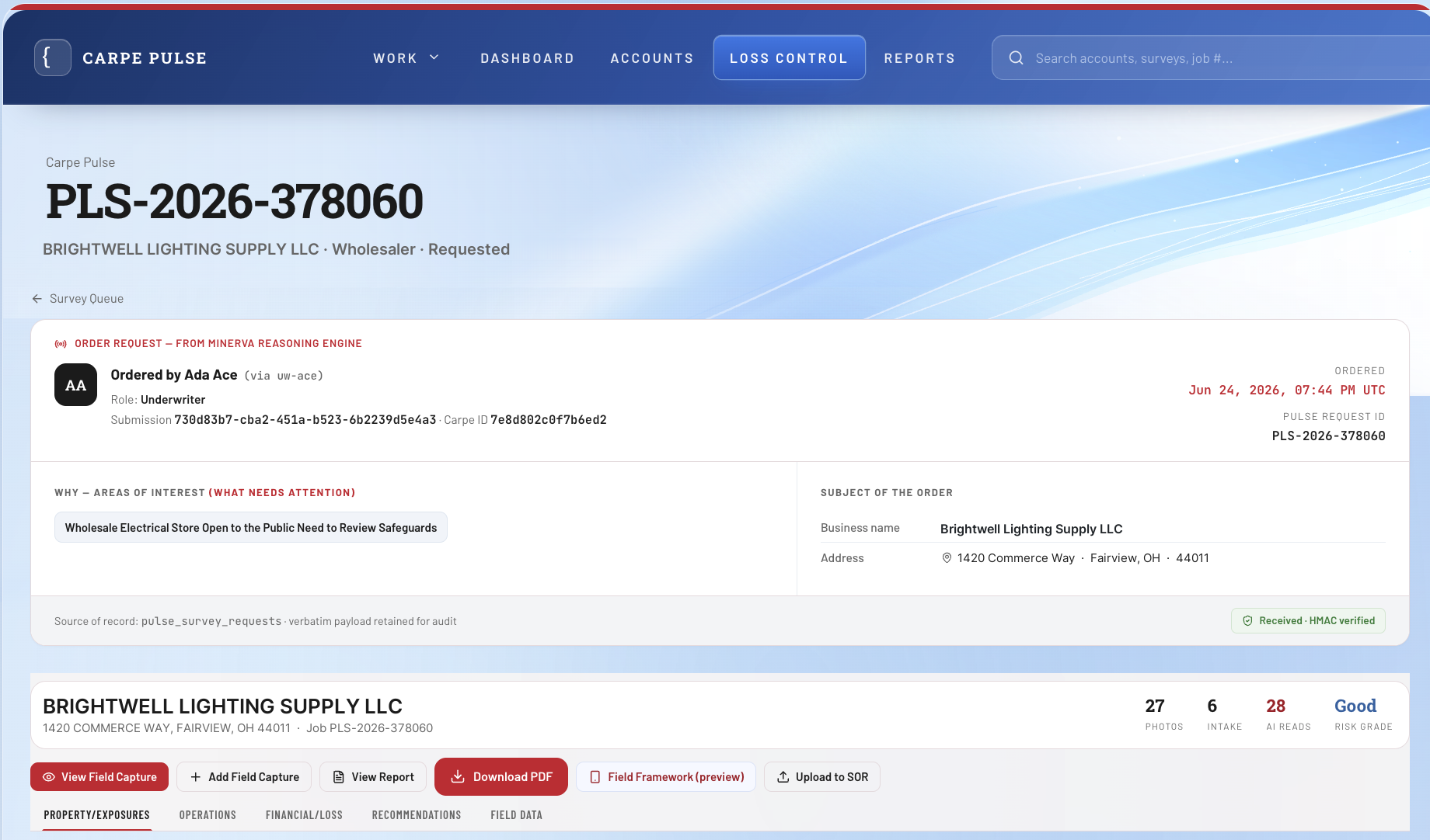 Carpe Pulse survey order page for PLS-2026-378060, showing the order request from the underwriter, the areas of interest, the subject business and address, and a summary bar with photo, intake, and AI Read counts plus a Good risk grade and Download PDF action