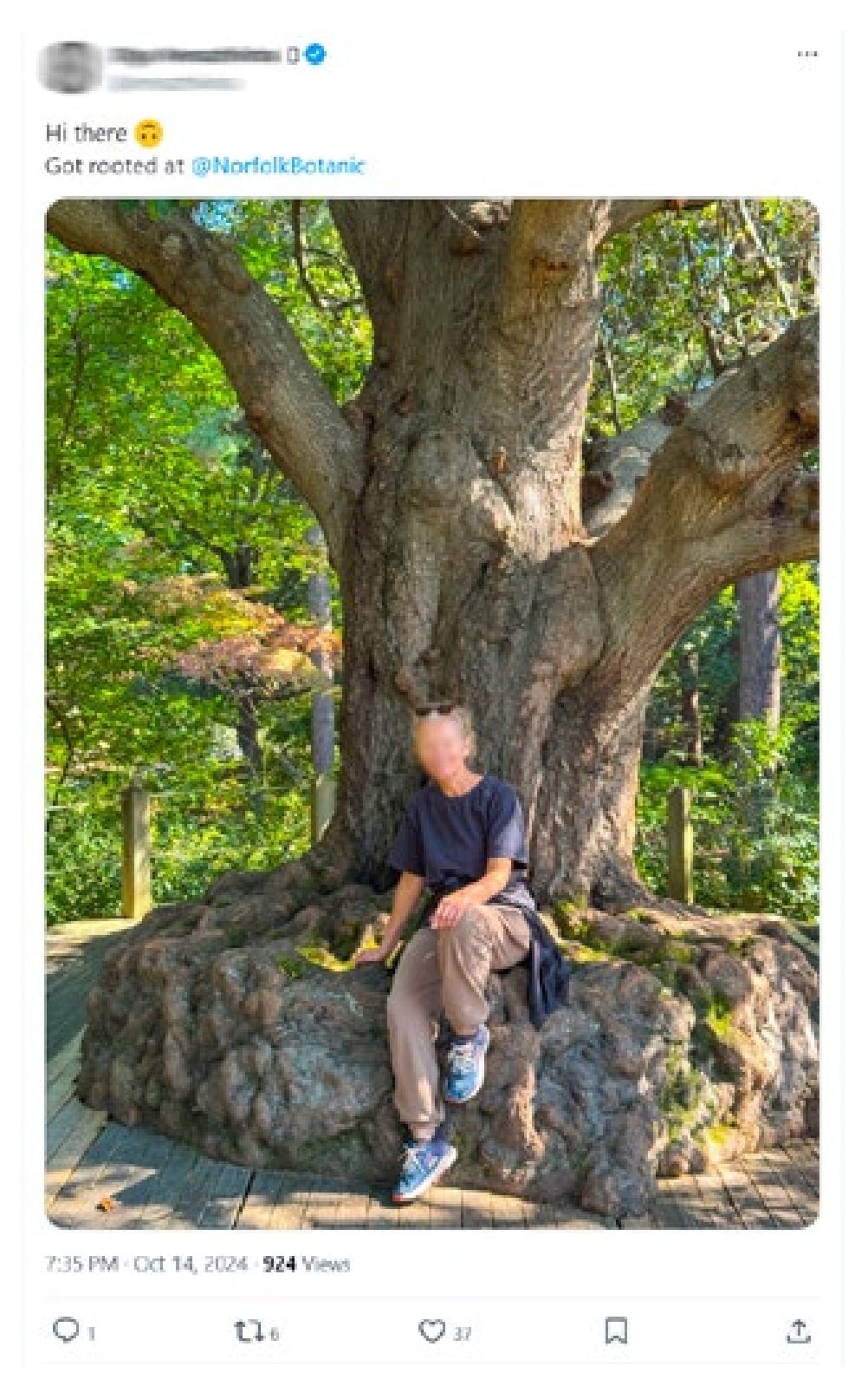 Claimant tagged in a botanical garden travel post